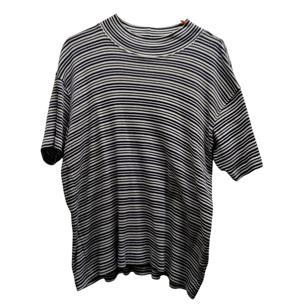 Vintage Talbots Size Large Navy Blue White Stripe Sweater-Texture Cotton T-Shirt